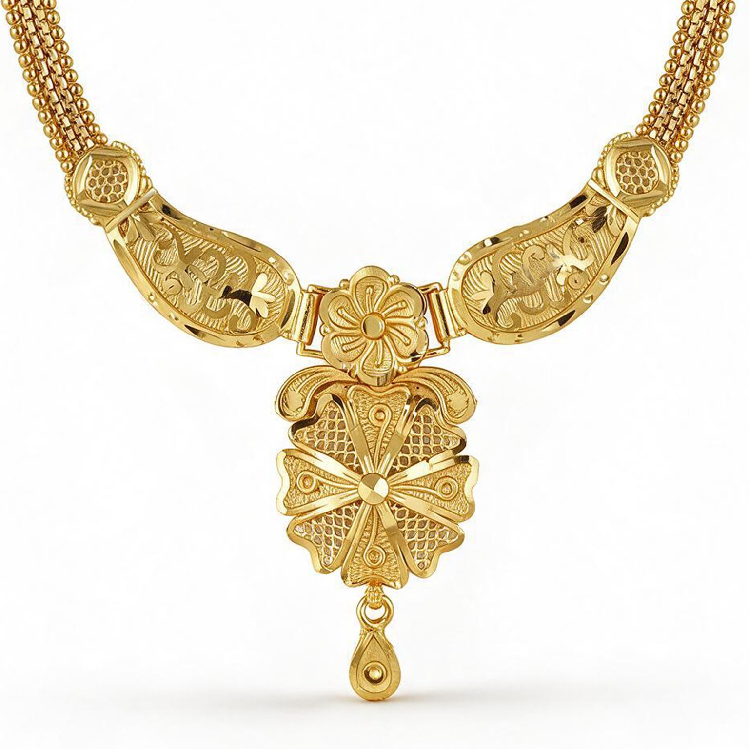 Antique Floral Gold Plated Long Necklace Set – Traditional Wedding Wear