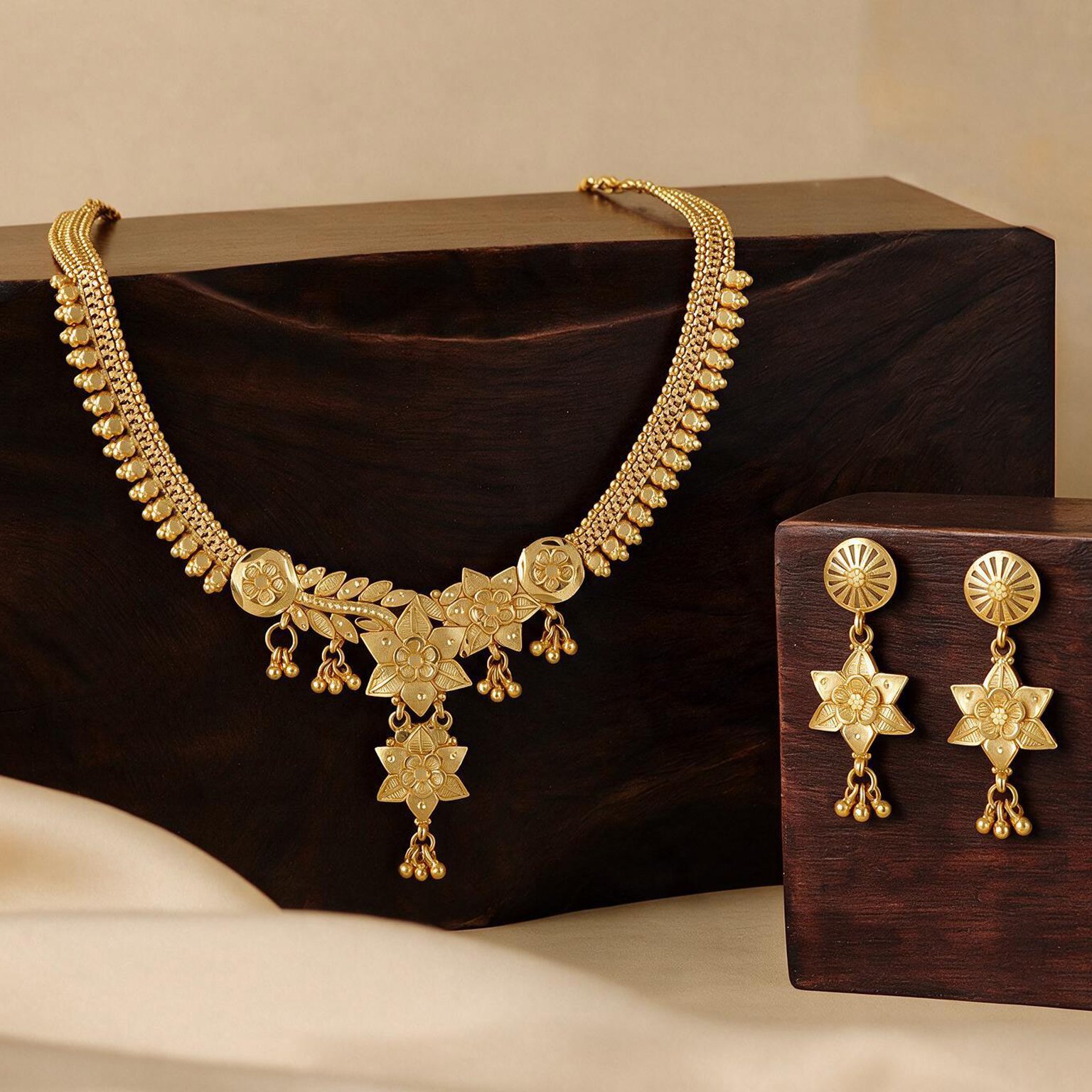 Floral Temple Necklace Set – Traditional Gold Design | SR Gold Wale
