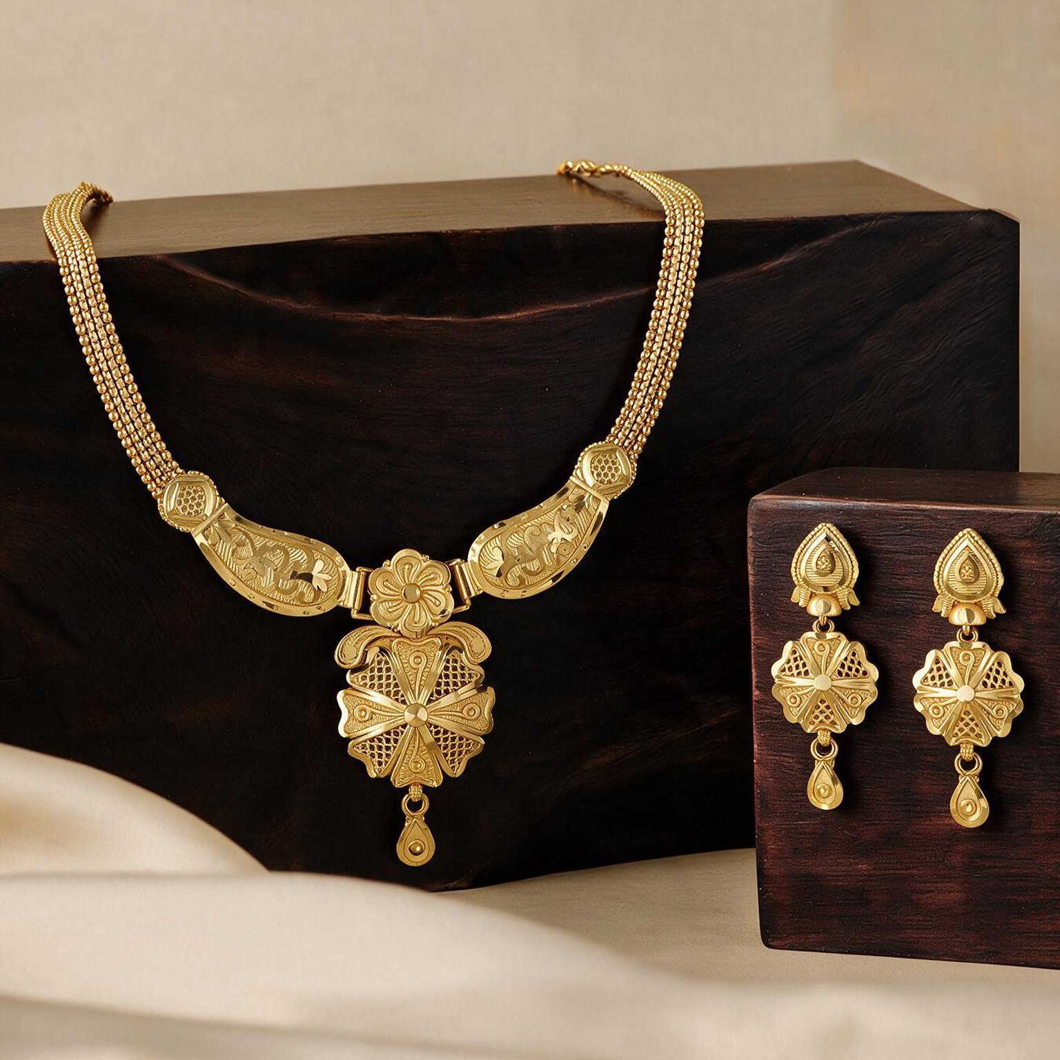 Antique Floral Gold Plated Long Necklace Set – Traditional Wedding Wear