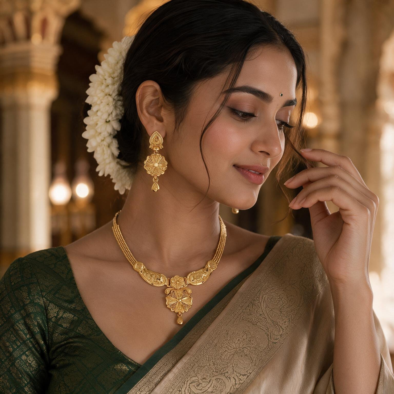 Antique Floral Gold Plated Long Necklace Set – Traditional Wedding Wear