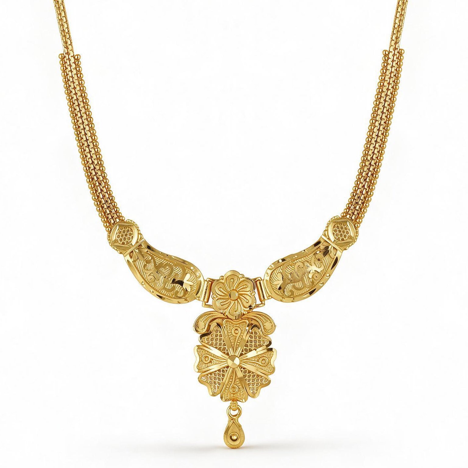 Antique Floral Gold Plated Long Necklace Set – Traditional Wedding Wear