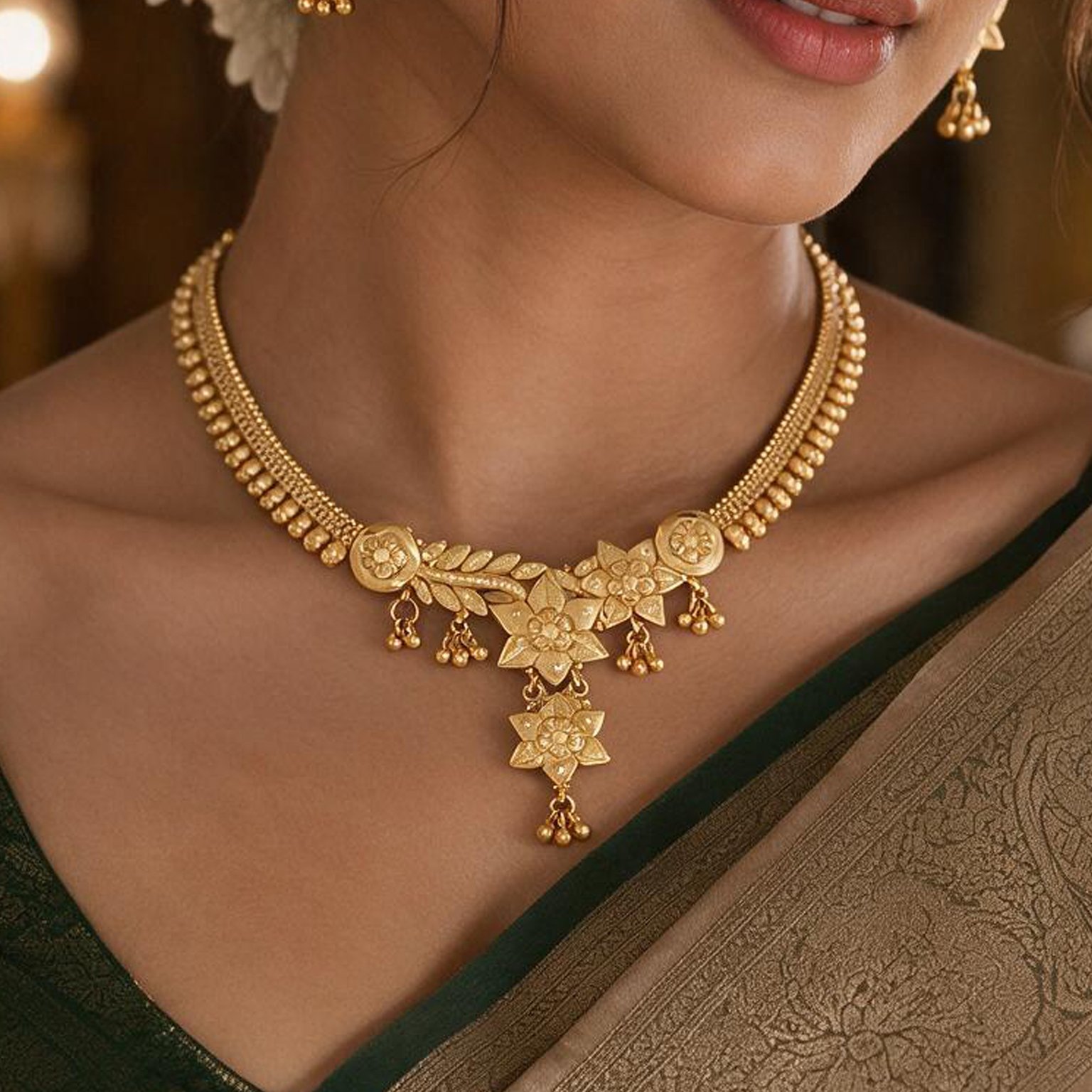Floral Temple Necklace Set – Traditional Gold Design | SR Gold Wale