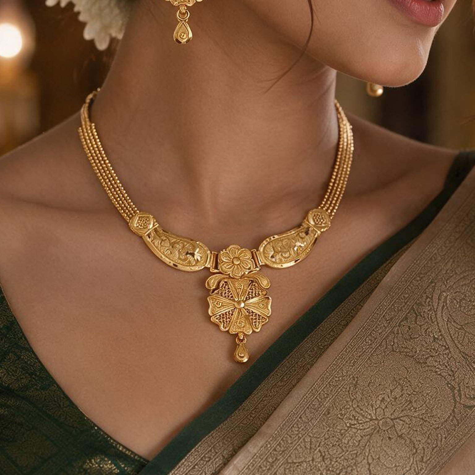Antique Floral Gold Plated Long Necklace Set – Traditional Wedding Wear