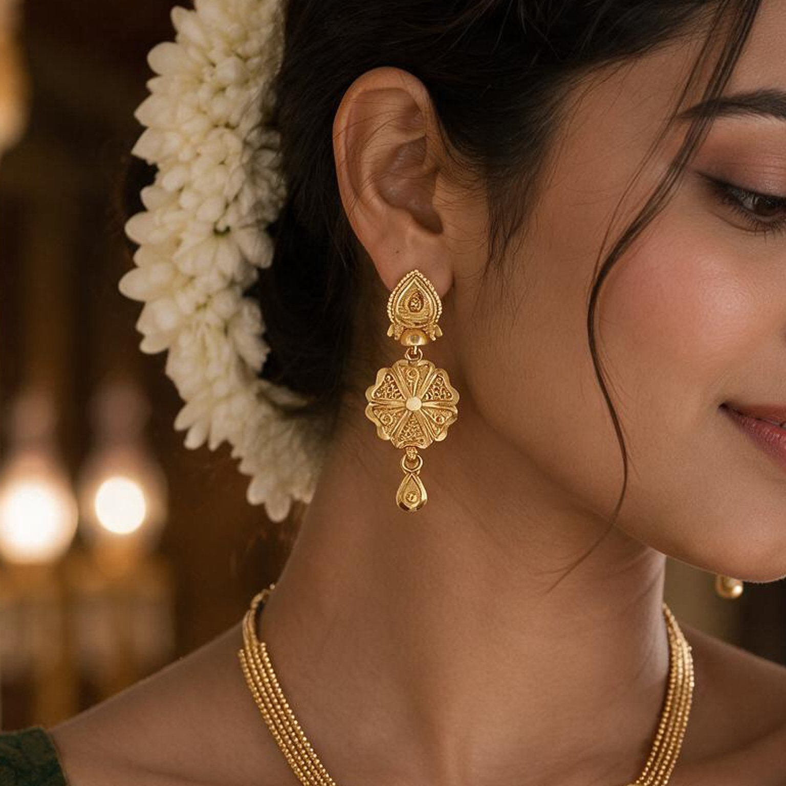 Antique Floral Gold Plated Long Necklace Set – Traditional Wedding Wear